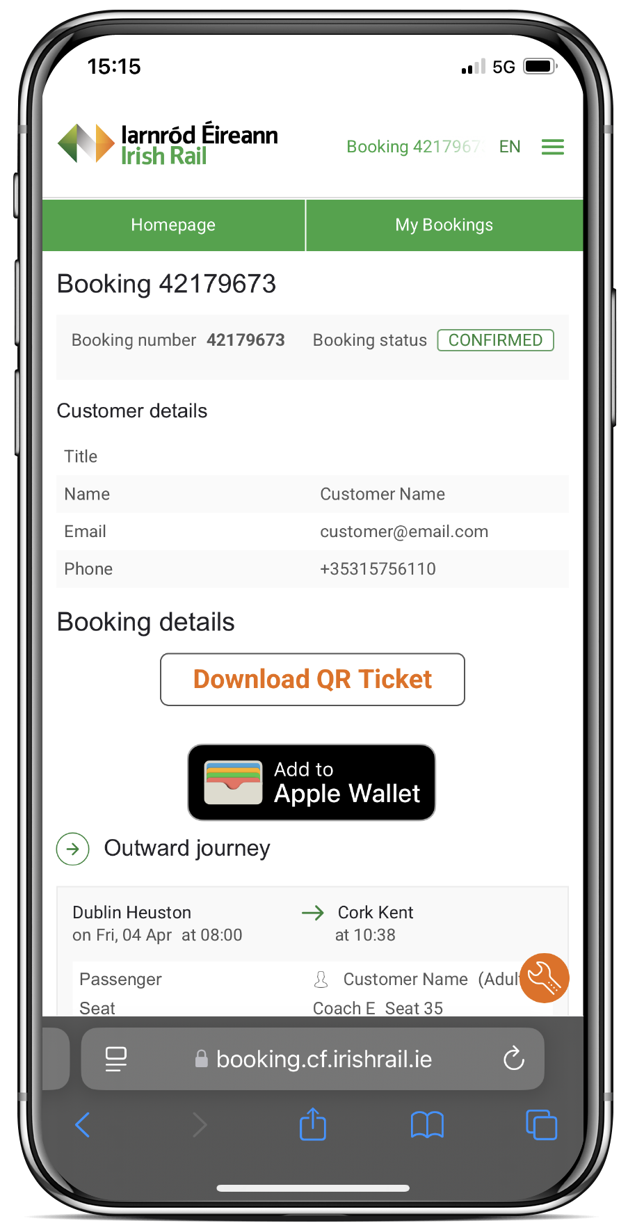 Screenshot of location of Add to Wallet button within the manage booking section
