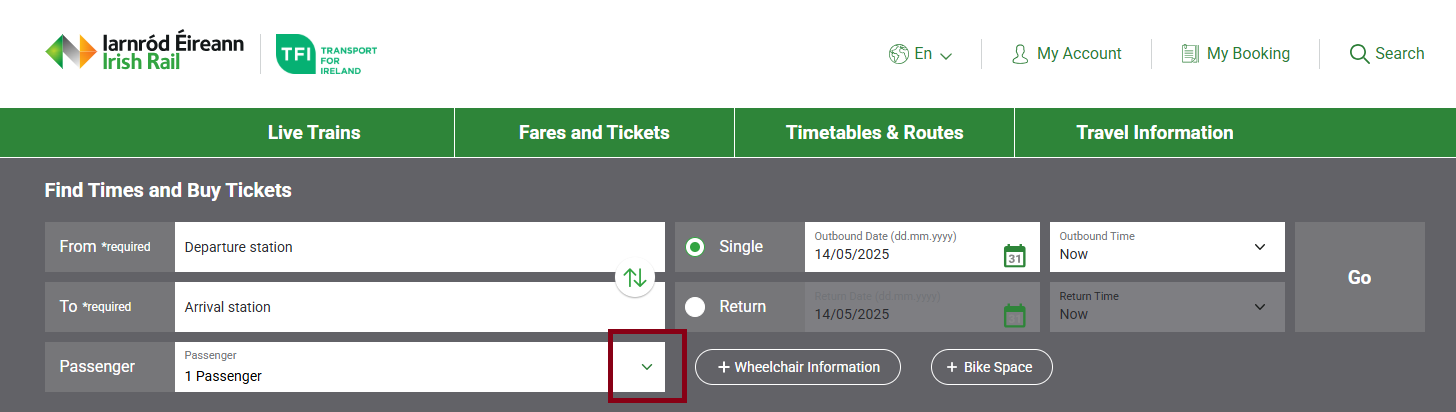 Screenshot of location of Passenger selection menu