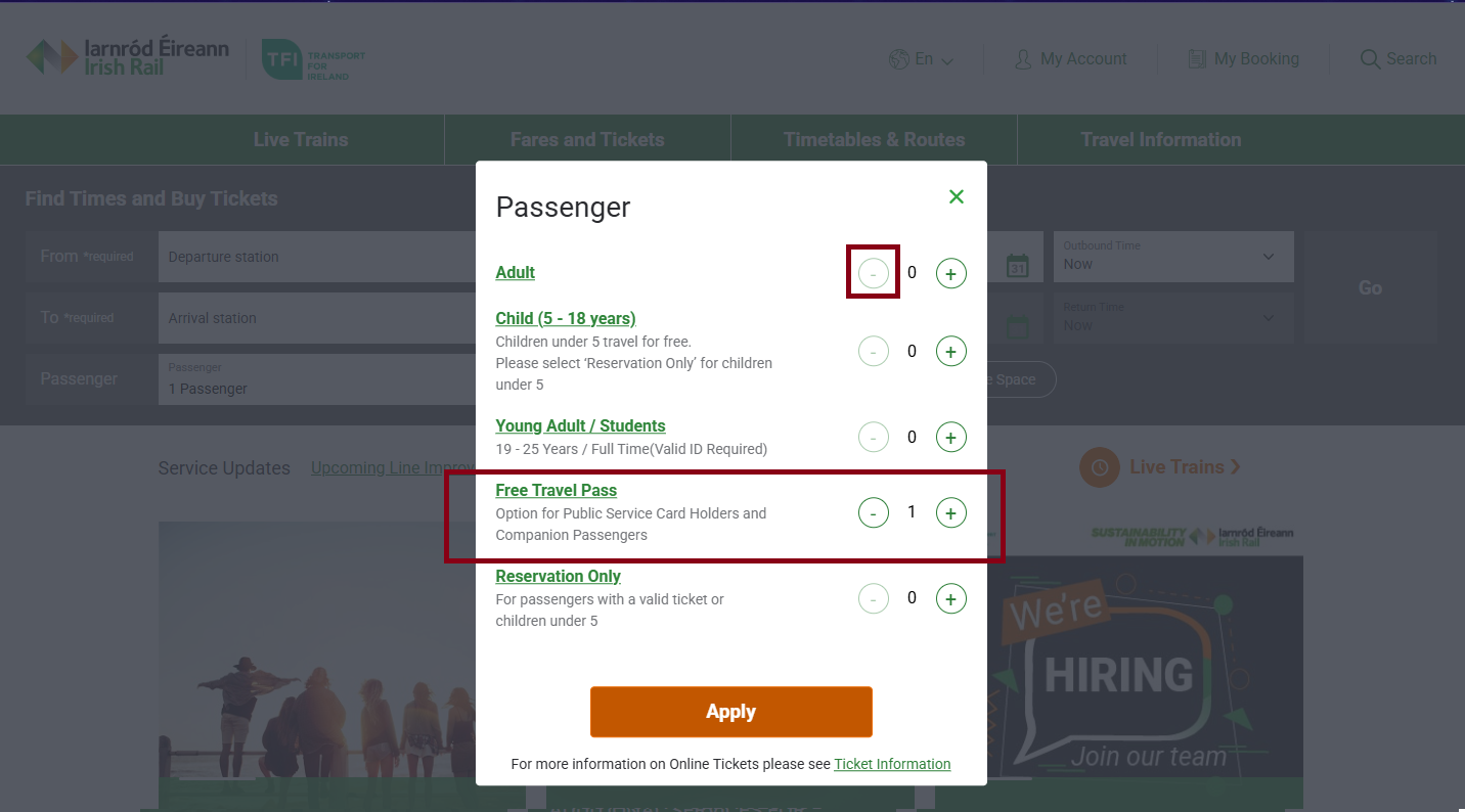Screenshot of Passenger Menu